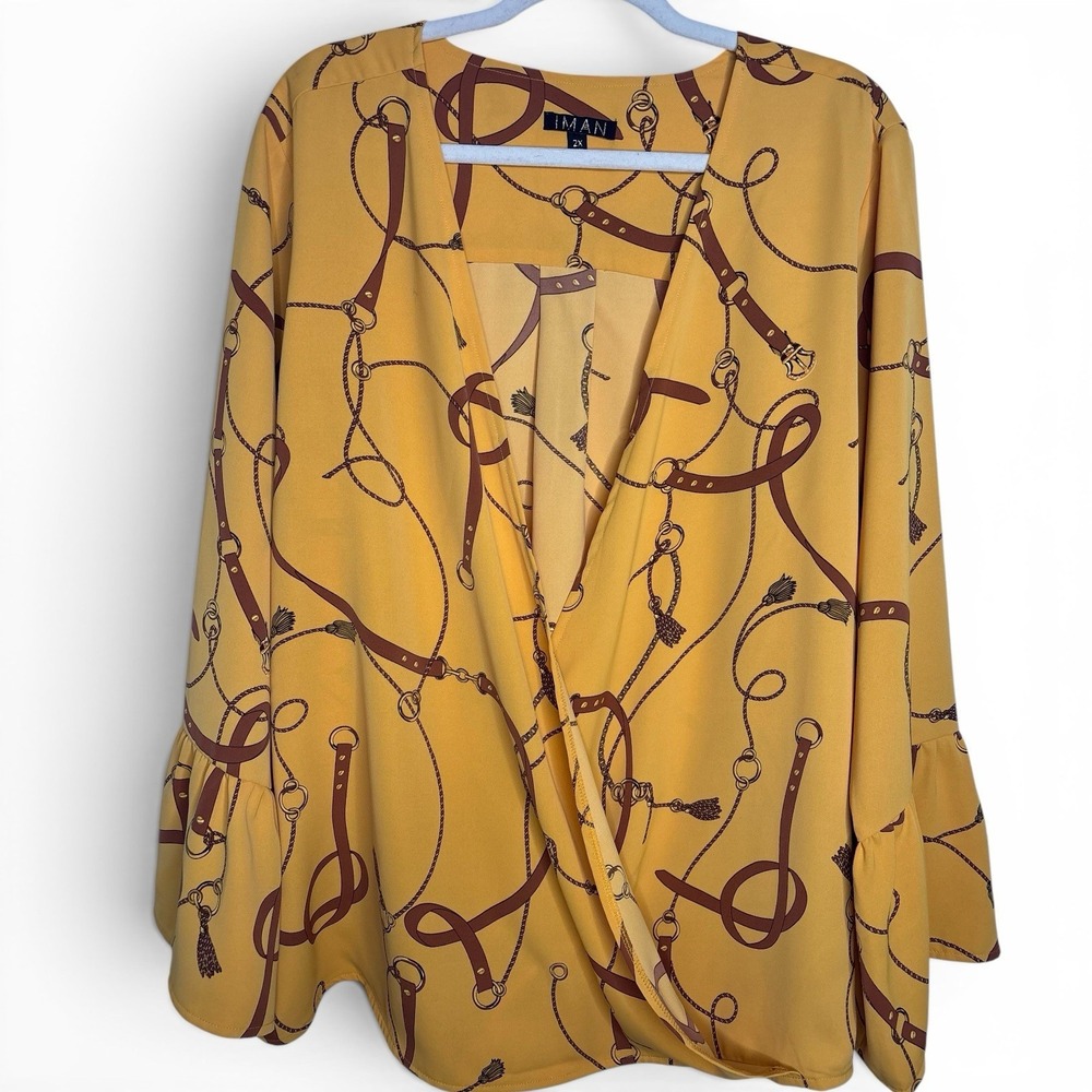 IMAN Global Chic SZ 2X PLUS Bell-Slv Wrap Top Equestrian Blouse‎ Tops